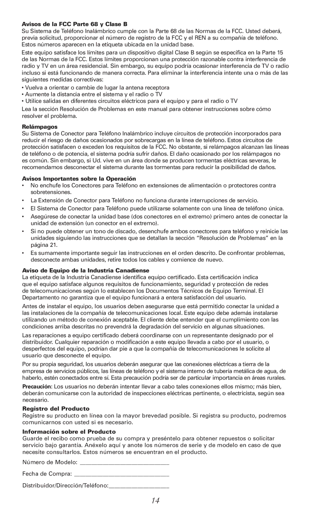 RCA RC940 Avisos de la FCC Parte 68 y Clase B, Relámpagos, Avisos Importantes sobre la Operación, Registro del Producto 