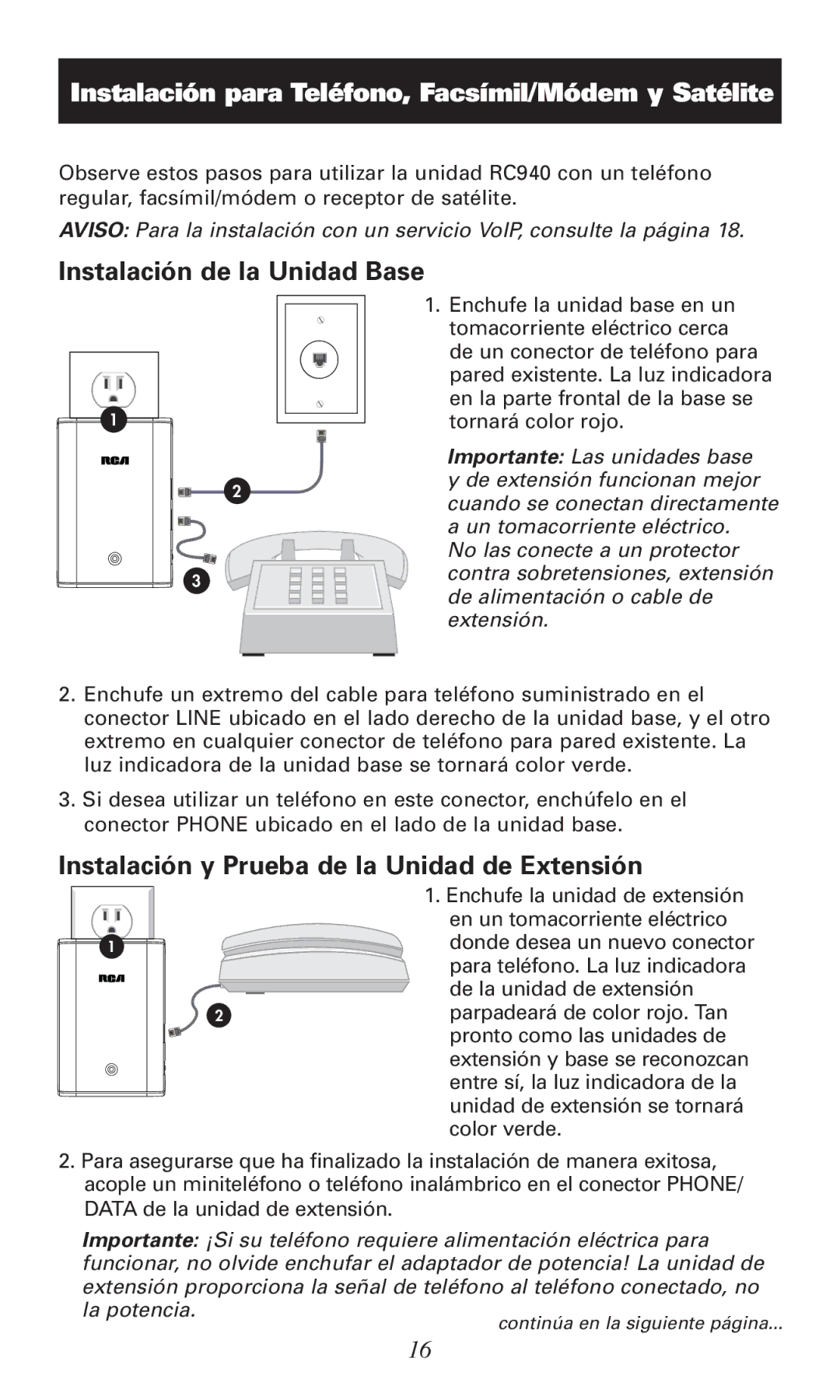 RCA RC940 manual Instalación de la Unidad Base, Instalación y Prueba de la Unidad de Extensión 