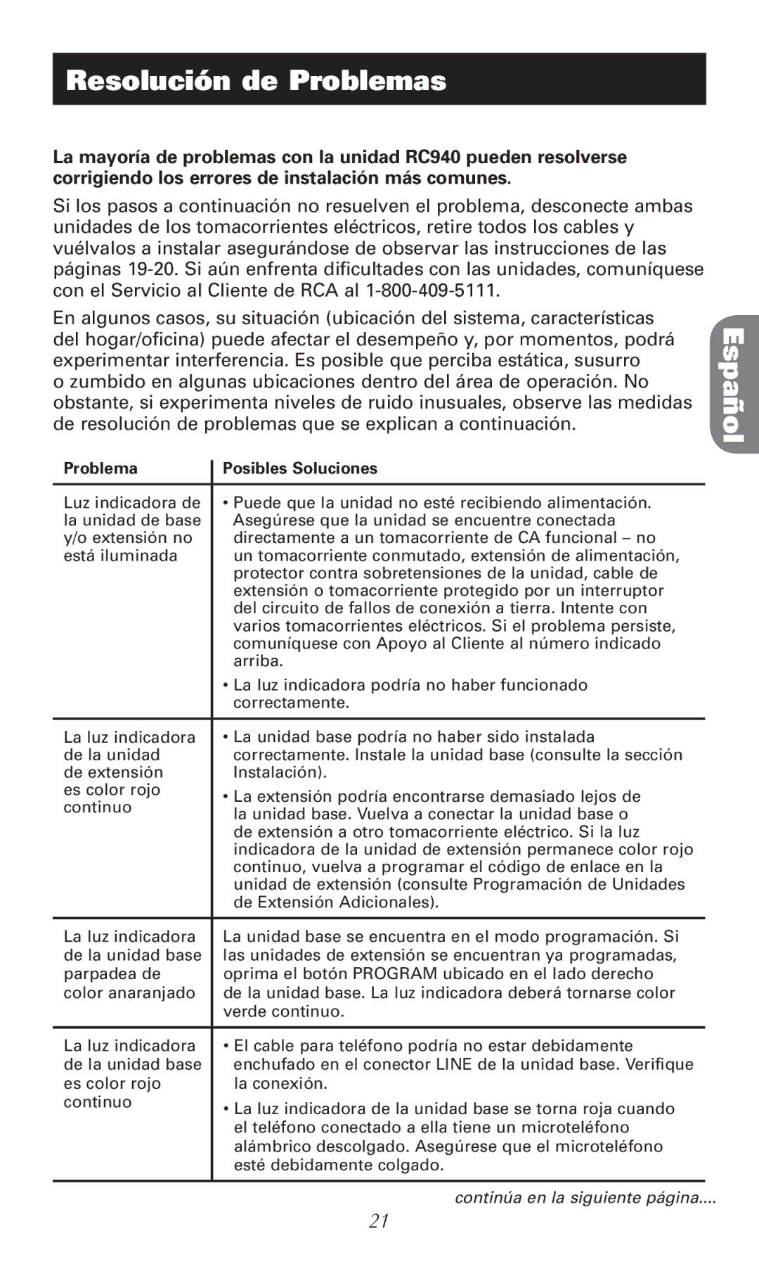 RCA RC940 manual Resolución de Problemas, Problema Posibles Soluciones 