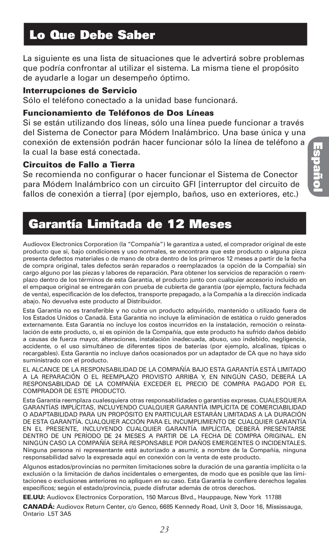 RCA RC940 manual Lo Que Debe Saber, Garantía Limitada de 12 Meses, Interrupciones de Servicio, Circuitos de Fallo a Tierra 