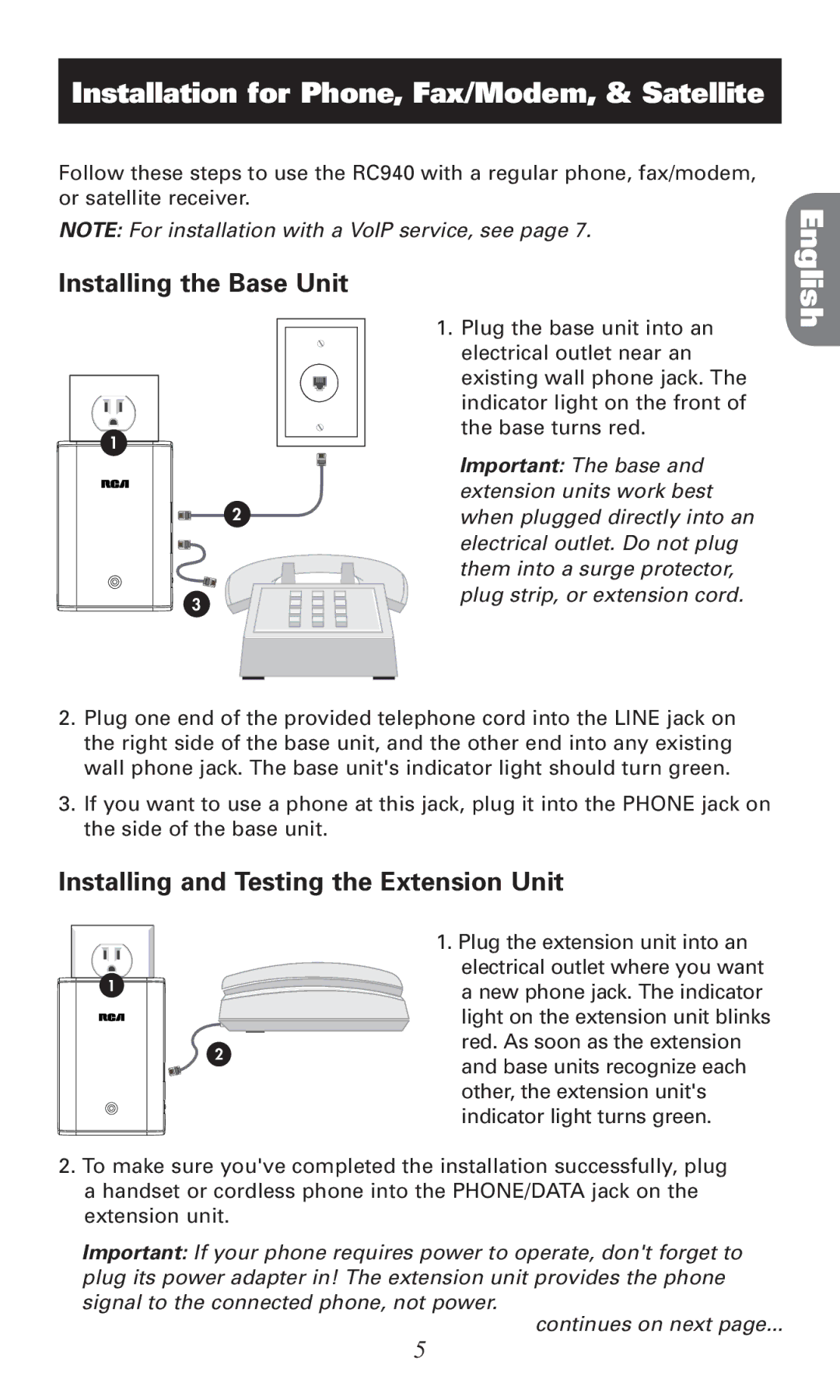 RCA RC940 manual Installing the Base Unit, Installing and Testing the Extension Unit 