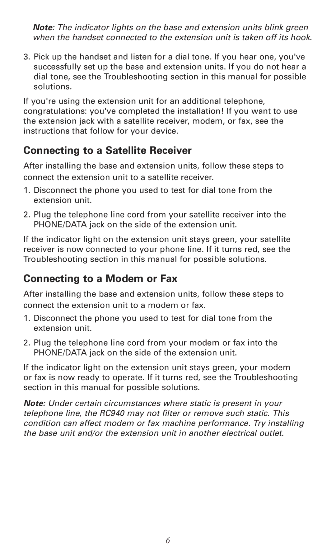 RCA RC940 manual Connecting to a Satellite Receiver, Connecting to a Modem or Fax 