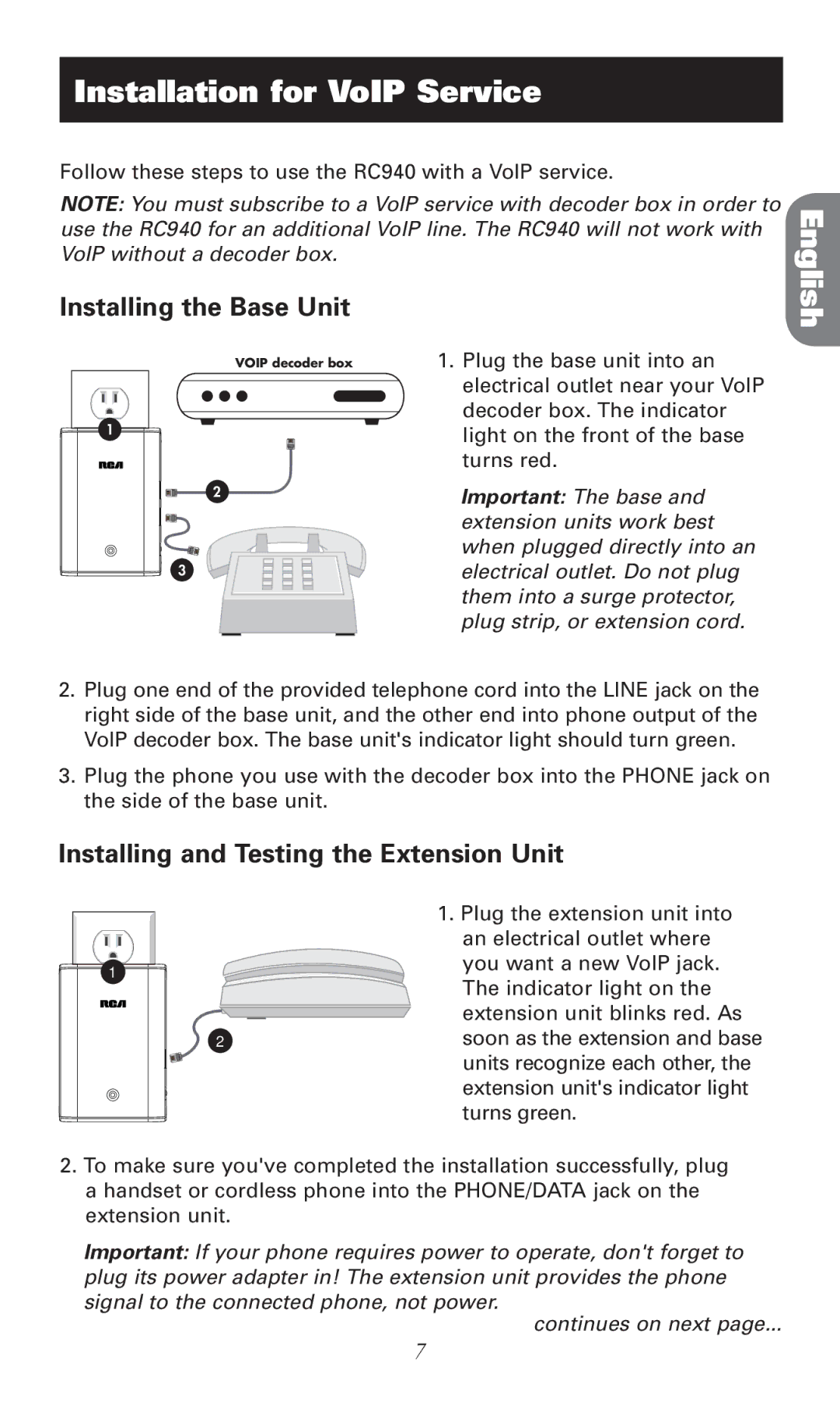 RCA RC940 manual Installation for VoIP Service, Plug strip, or extension cord 