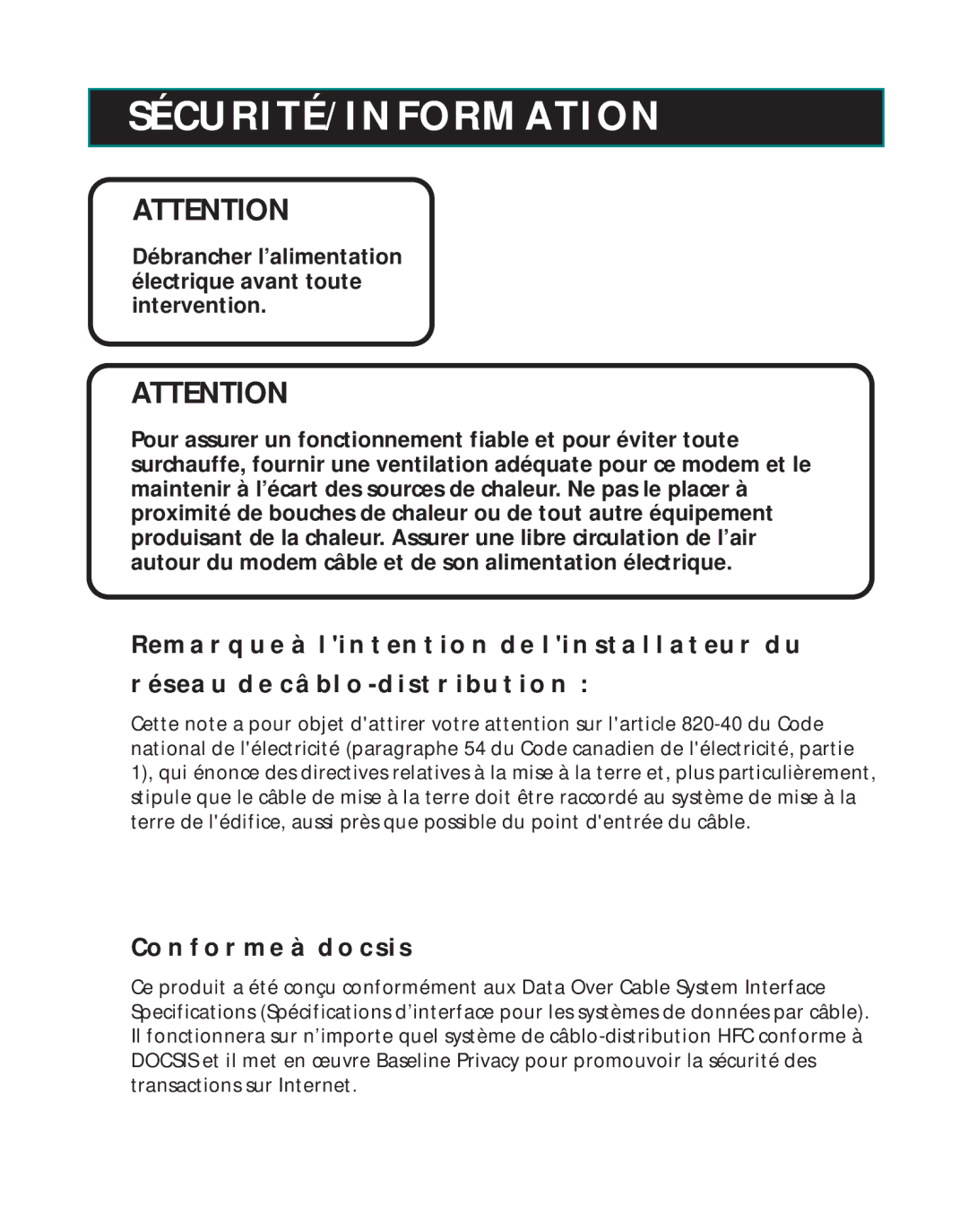 RCA 1537757A, RCA Broadband Digital Cable Modem manual Sécurité/Information, Conforme À Docsis 