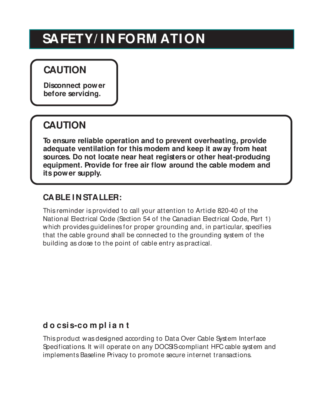 RCA 1537757A, RCA Broadband Digital Cable Modem manual Safety/Information, Cable Installer, Docsis-Compliant 