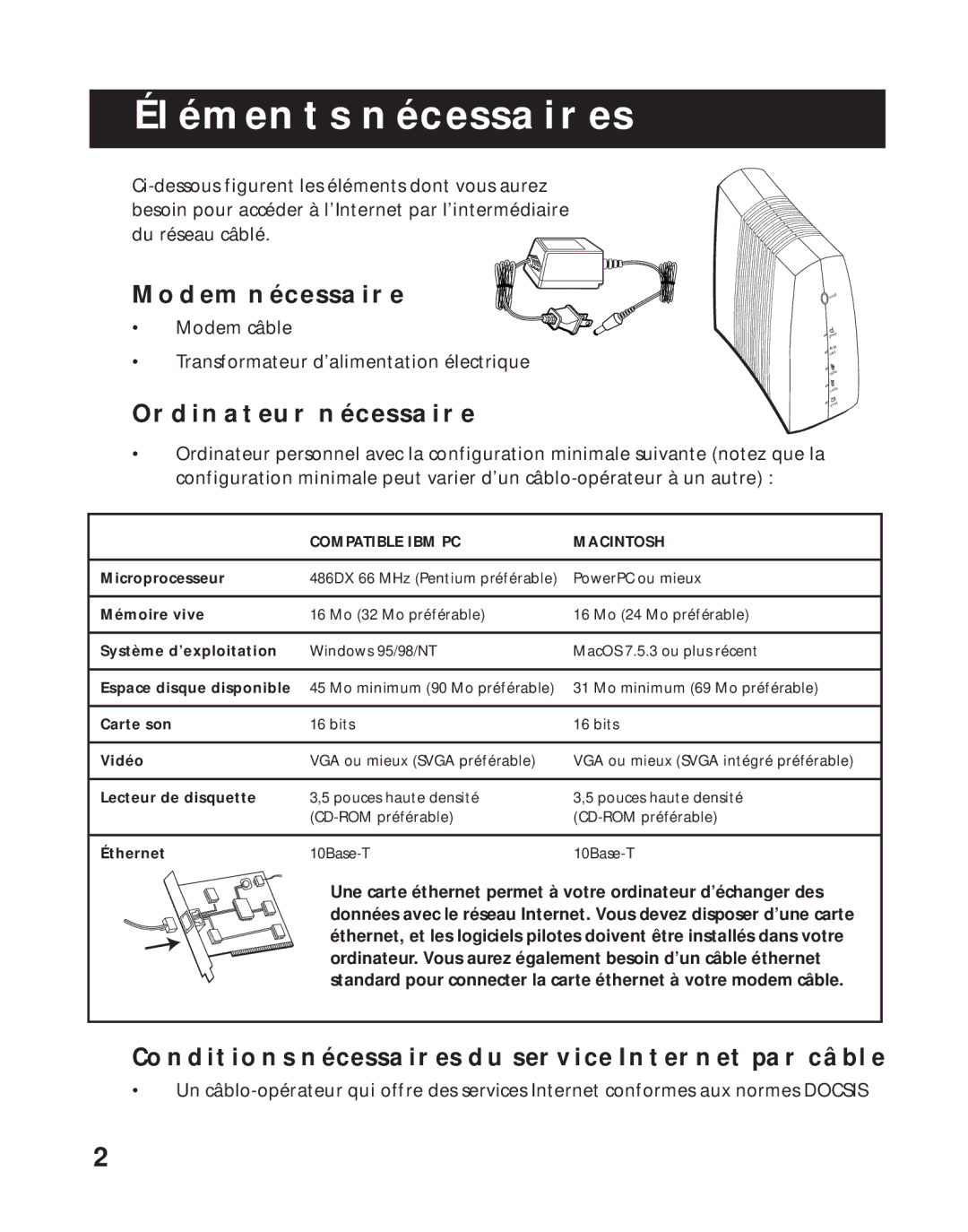 RCA 1537757A, RCA Broadband Digital Cable Modem manual Éléments Nécessaires, Modem Nécessaire, Ordinateur Nécessaire 