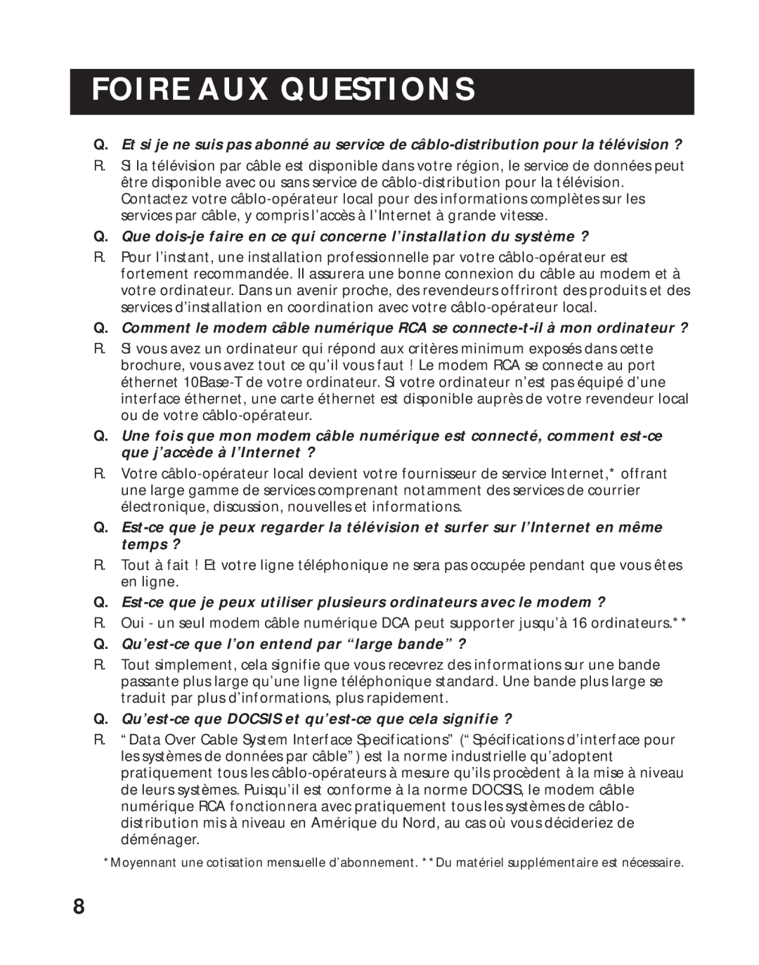 RCA 1537757A, RCA Broadband Digital Cable Modem manual Foire AUX Questions, Qu’est-ce que l’on entend par large bande ? 