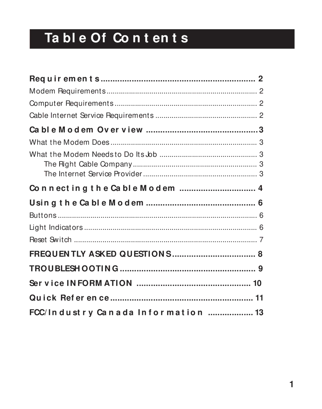 RCA RCA Broadband Digital Cable Modem, 1537757A manual Table of Contents 