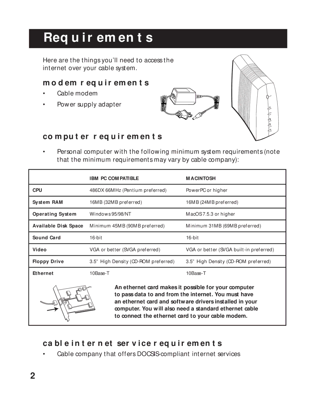 RCA 1537757A manual Modem Requirements, Computer Requirements, Cable Internet Service Requirements 