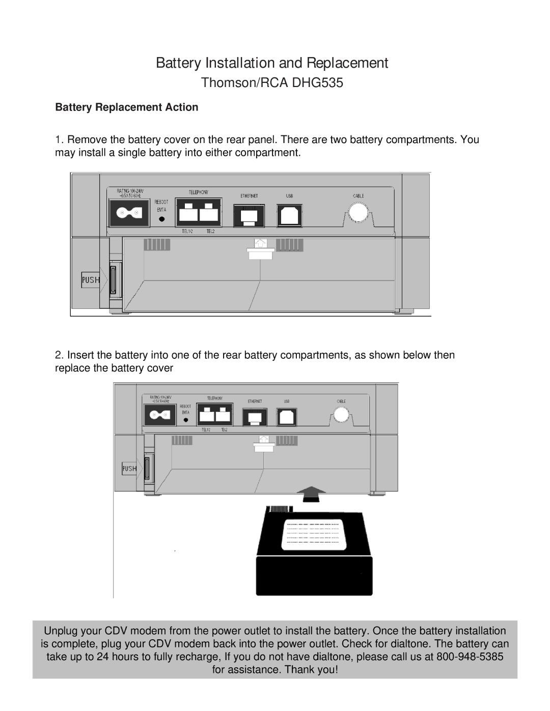 RCA manual Battery Installation and Replacement, Thomson/RCA DHG535, Battery Replacement Action 