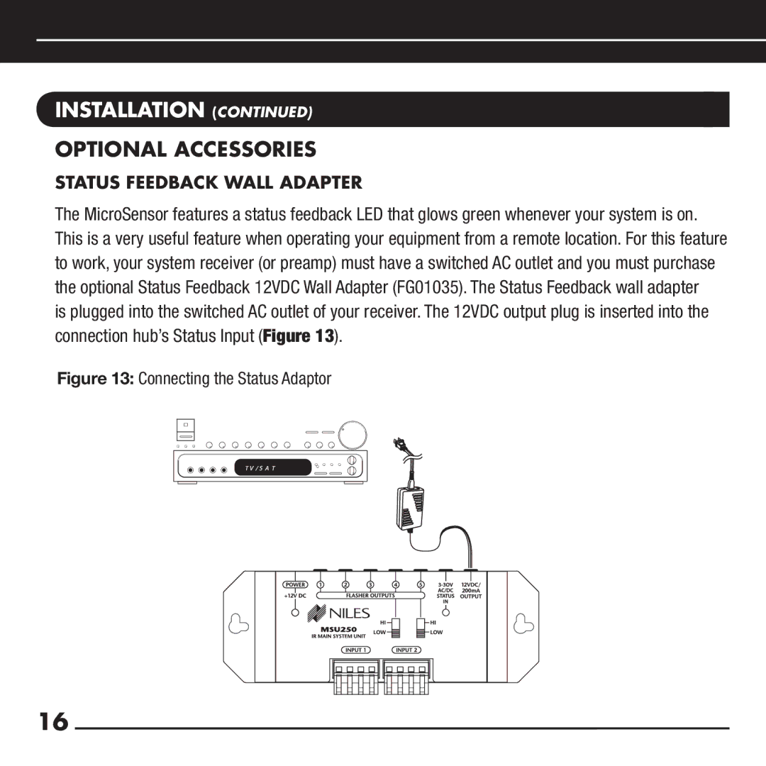 RCA RCA-HT2, DHT235AB manual Optional Accessories, Status Feedback Wall Adapter 