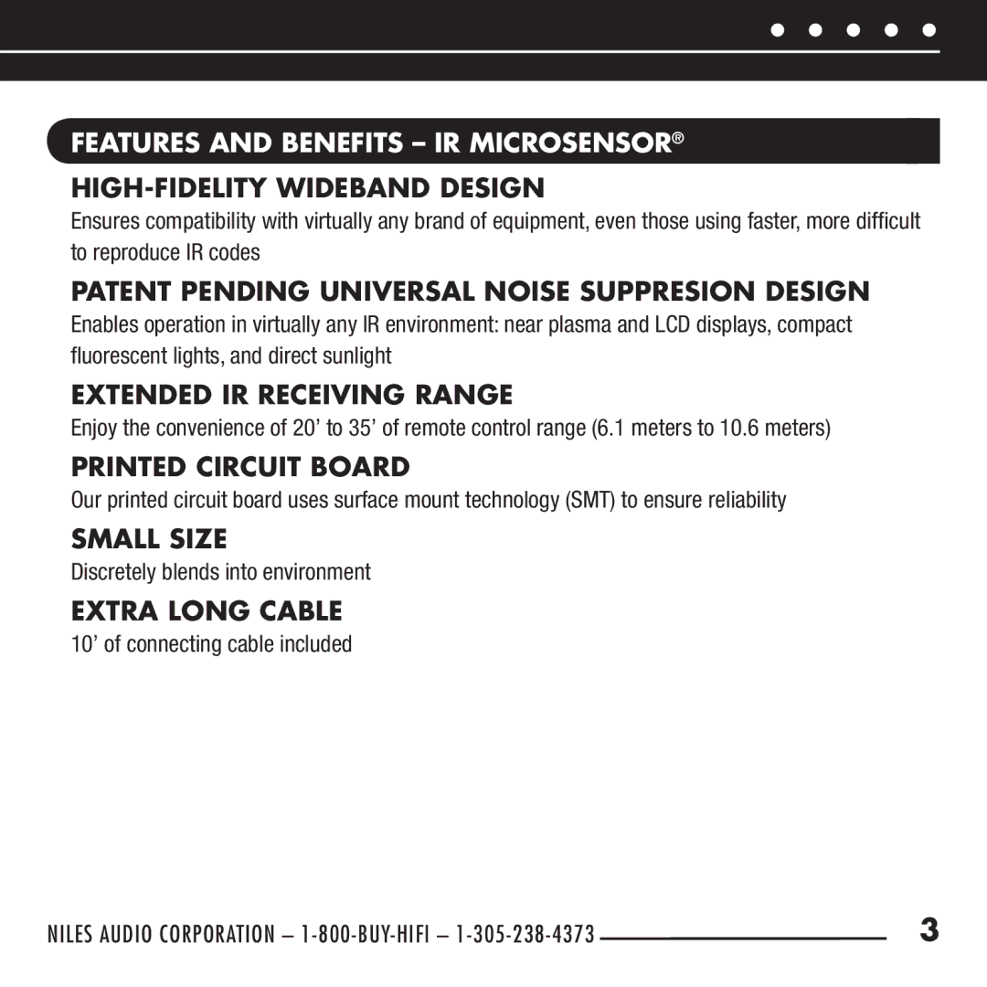 RCA DHT235AB, RCA-HT2 Features and Benefits IR Microsensor, HIGH-FIDELITY Wideband Design, Extended IR Receiving Range 