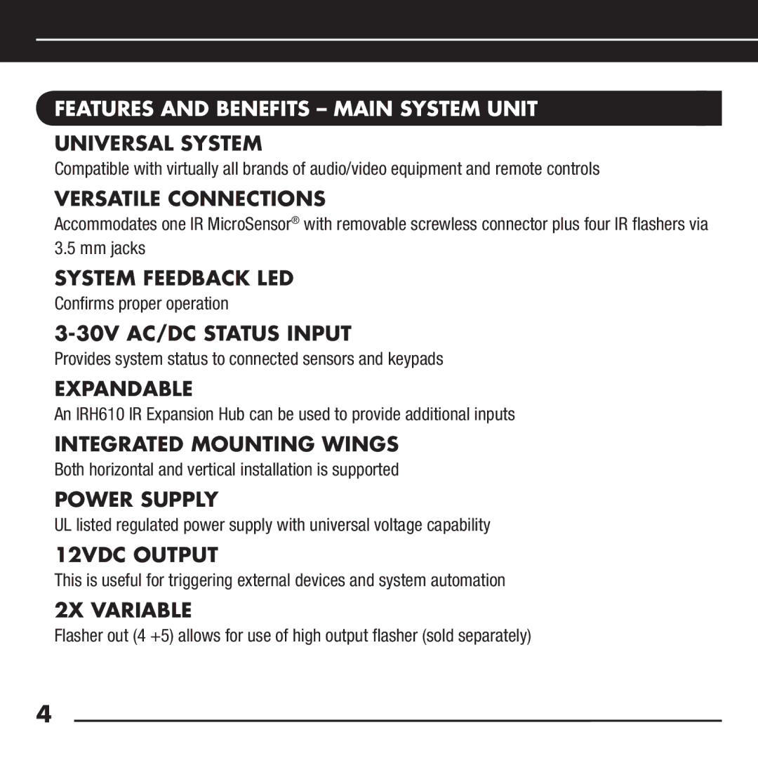 RCA RCA-HT2, DHT235AB manual Features and Benefits Main System Unit 