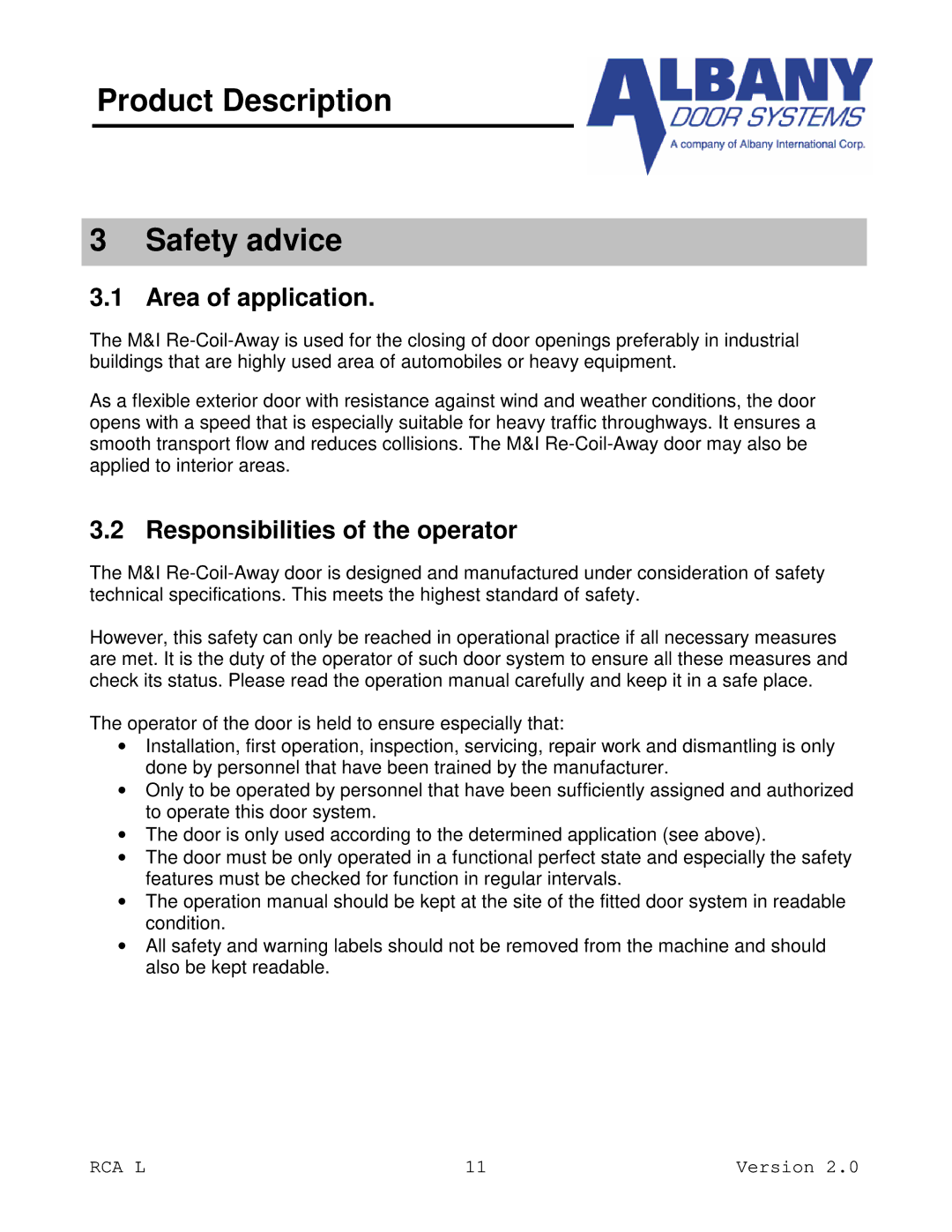 RCA RCA L owner manual Product Description Safety advice, Area of application, Responsibilities of the operator 