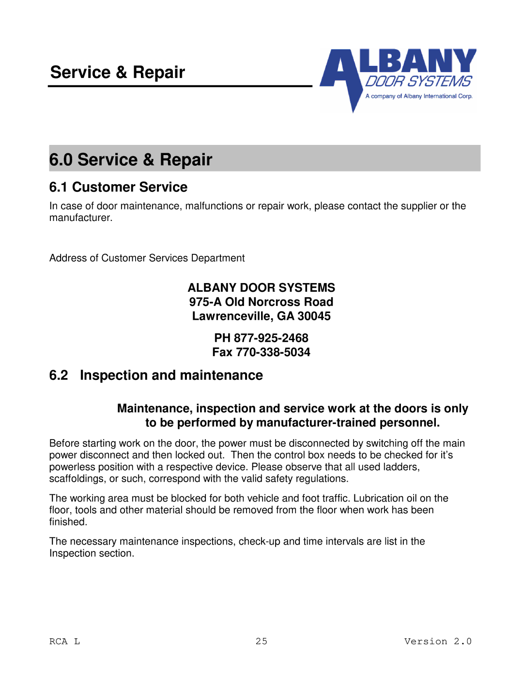 RCA RCA L Service & Repair, Customer Service, Inspection and maintenance, Old Norcross Road Lawrenceville, GA Fax 