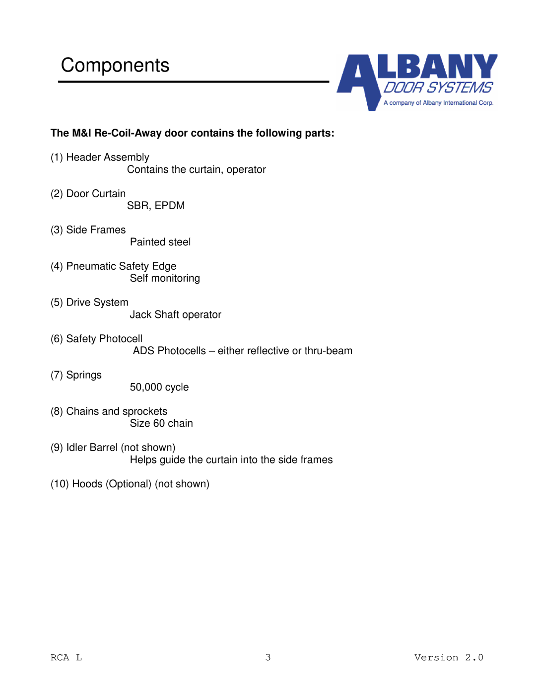 RCA RCA L owner manual M&I Re-Coil-Away door contains the following parts, SBR, Epdm 