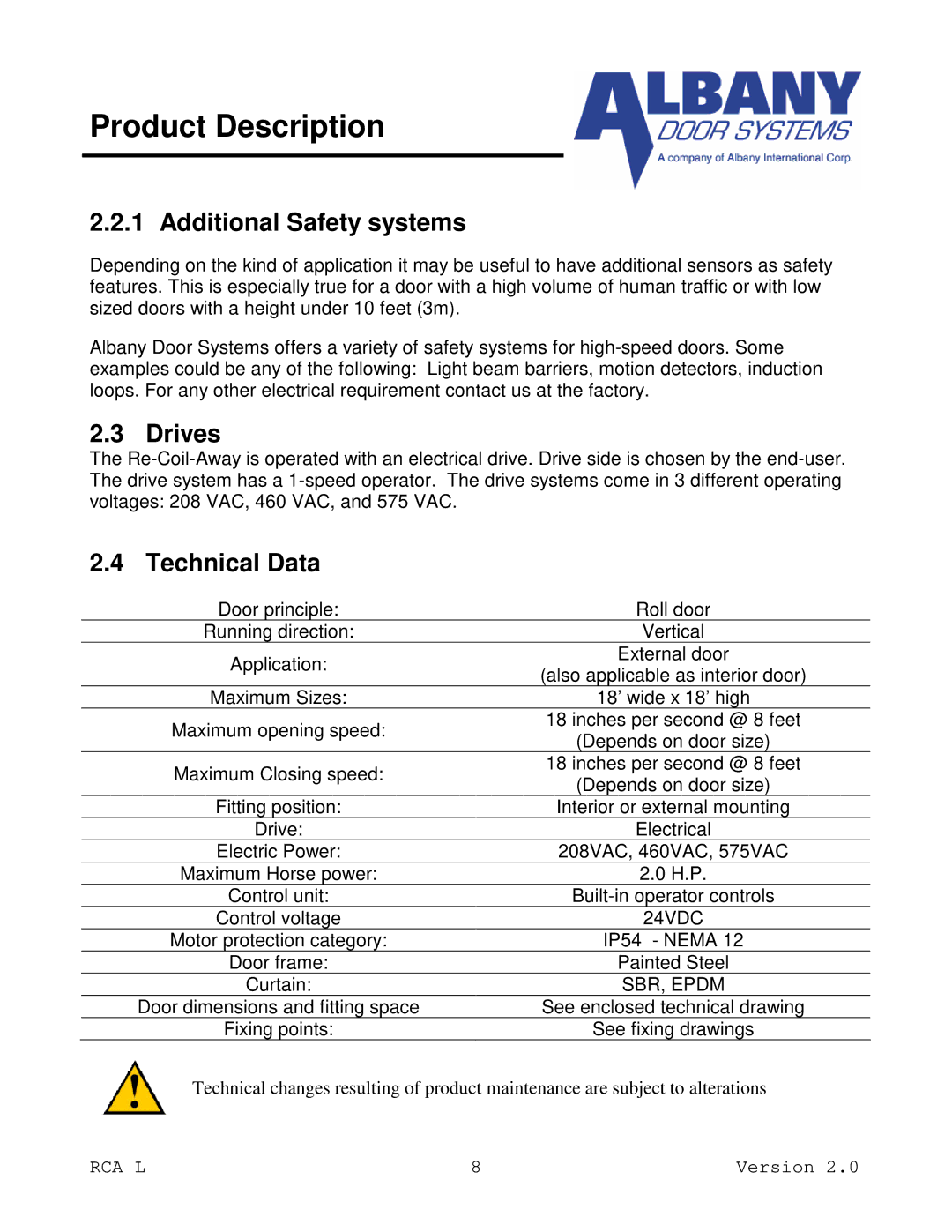 RCA RCA L owner manual Additional Safety systems, Drives, Technical Data 