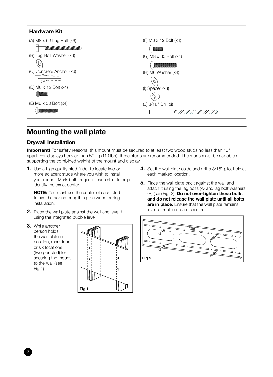 RCA RCA MAF85BKR installation manual Mounting the wall plate, Hardware Kit, Drywall Installation 