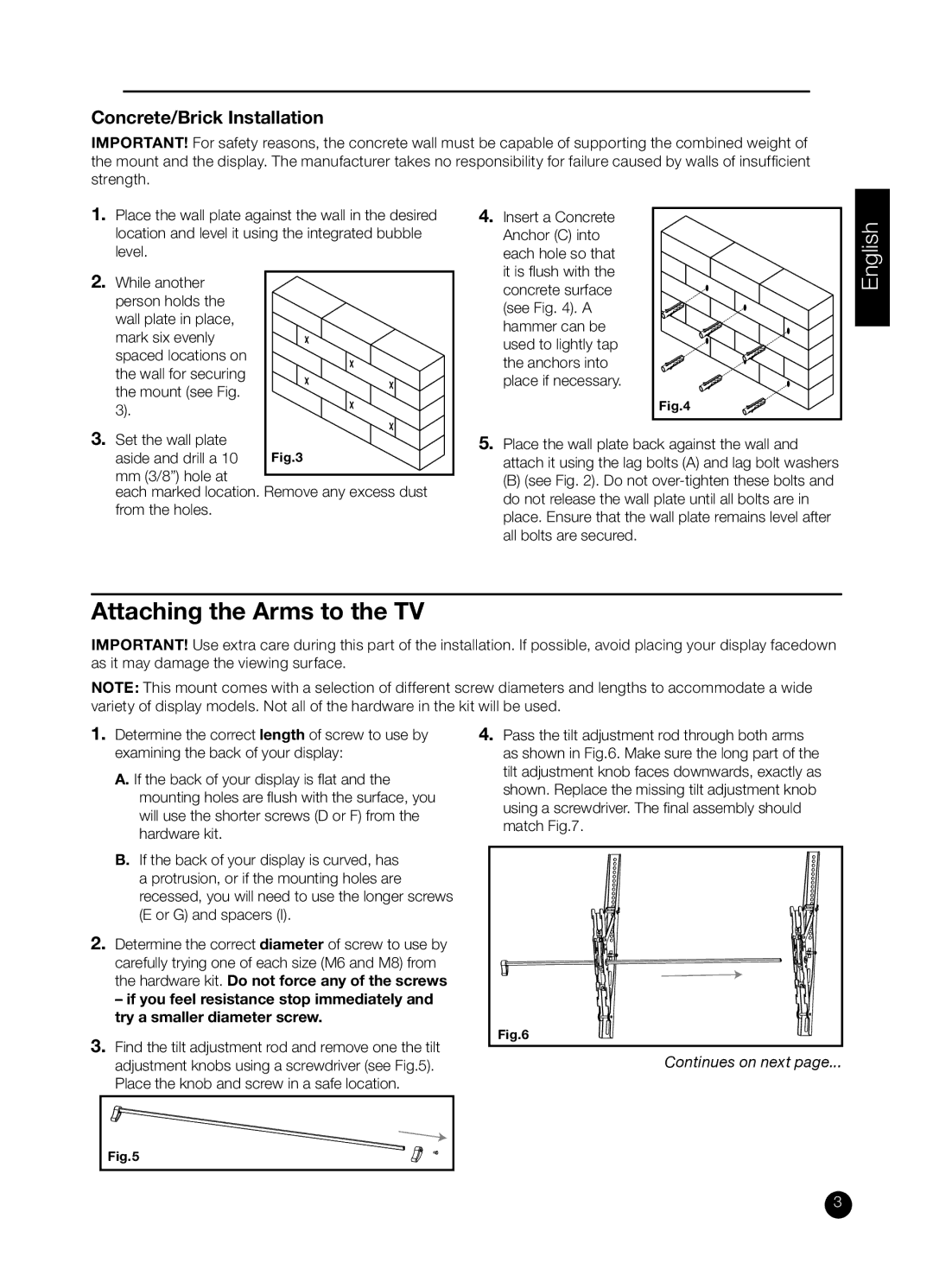 RCA RCA MAF85BKR installation manual Attaching the Arms to the TV, Concrete/Brick Installation 