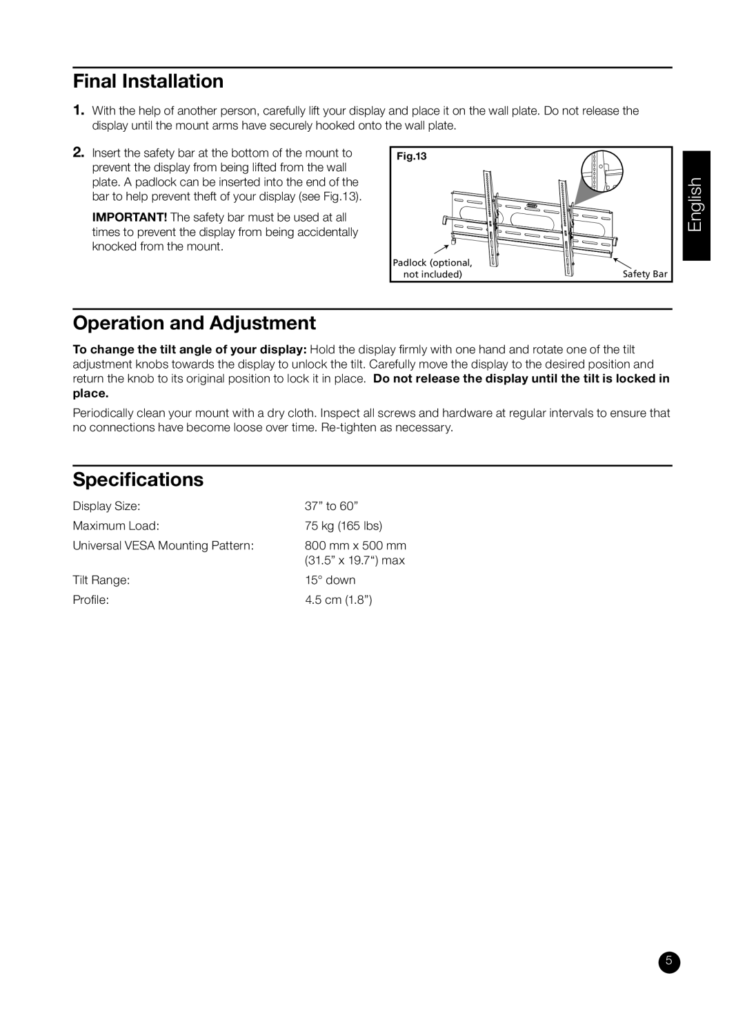 RCA RCA MAF85BKR installation manual Final Installation, Operation and Adjustment, Speciﬁcations 