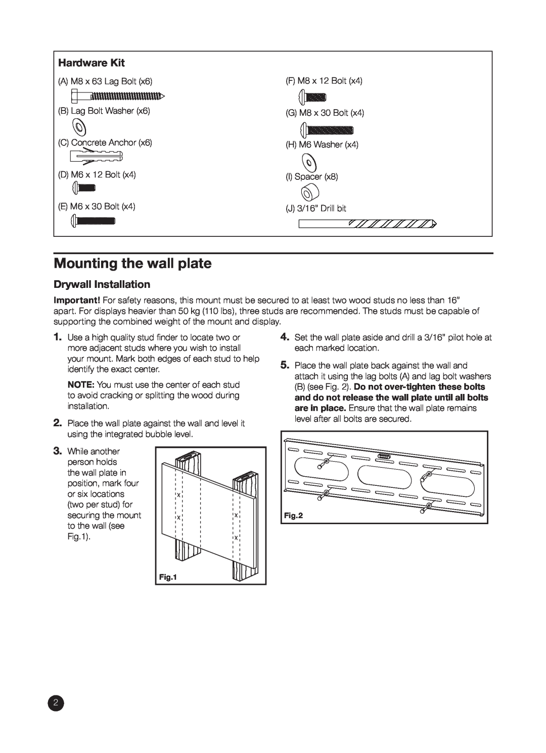 RCA RCA MAF85BKR installation manual Mounting the wall plate, Hardware Kit, Drywall Installation 