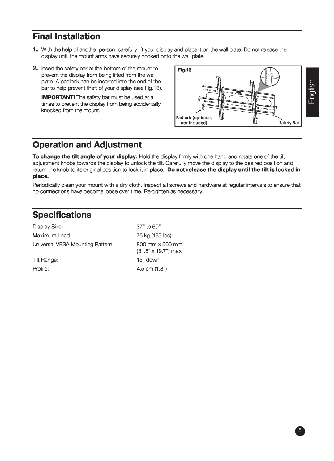 RCA RCA MAF85BKR installation manual Final Installation, Operation and Adjustment, Speciﬁcations, English 