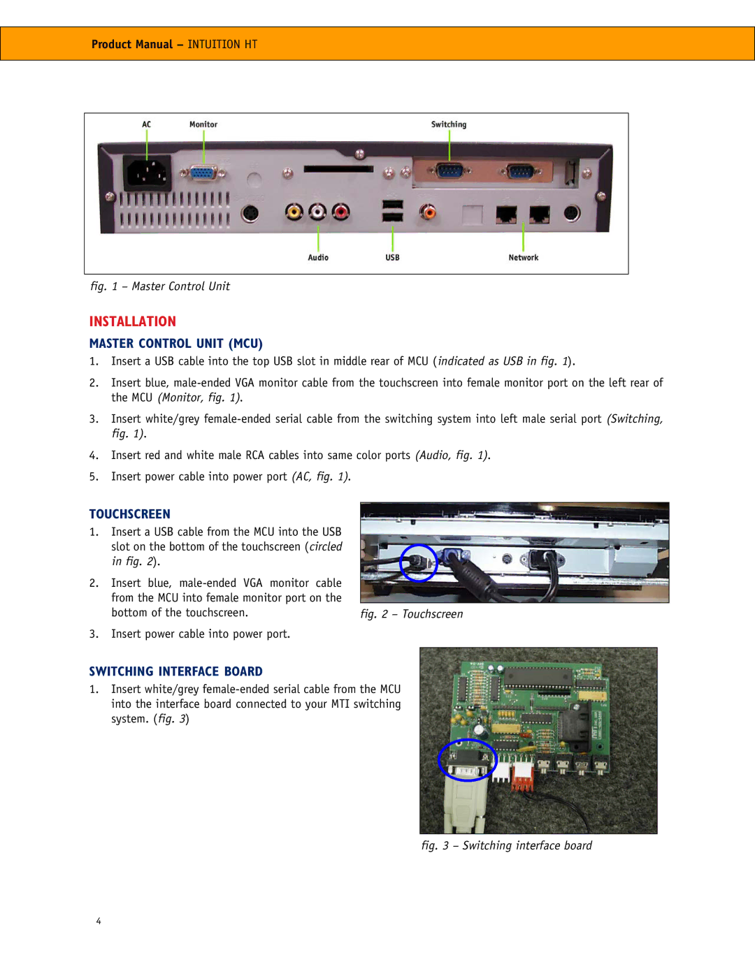 RCA RCA manual Installation, Master Control Unit MCU, Touchscreen, Switching Interface Board 