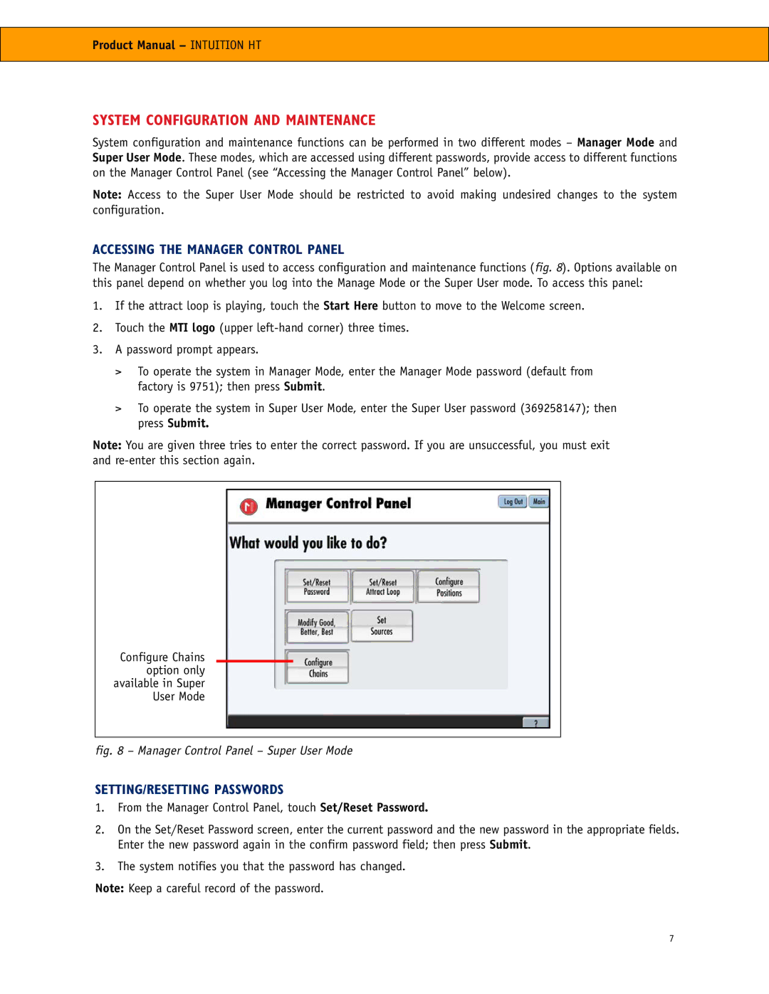 RCA RCA manual System Configuration and Maintenance, Accessing the Manager Control Panel, SETTING/RESETTING Passwords 