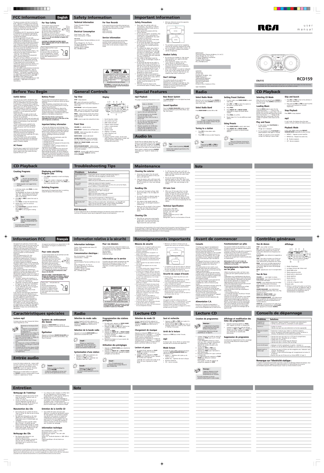 RCA RCD025 user manual For Your Safety, Technical Information For Your Records, Electrical Consumption, Safety Precautions 