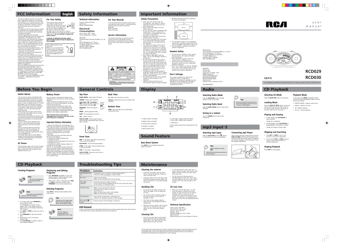 RCA RCD029 user manual FCC Information, Safety Information Important Information, Sound Feature, Mp3 Input, Maintenance 