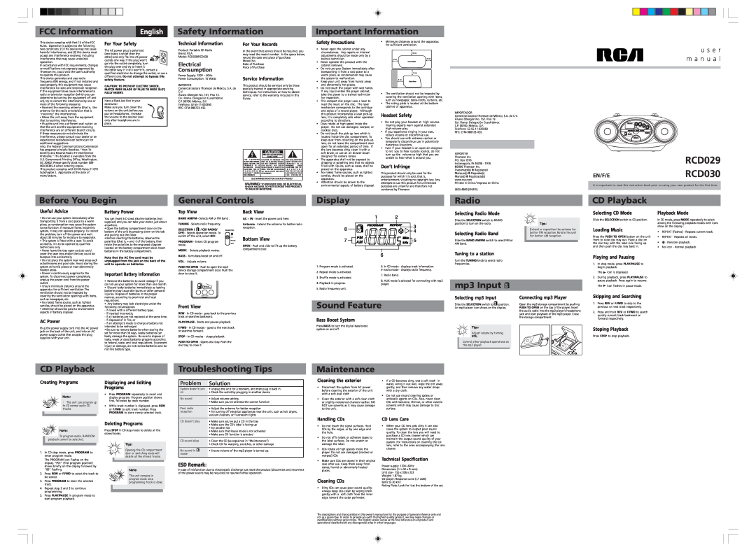 RCA RCD029 user manual RCD030, u s e r m a n u a l 