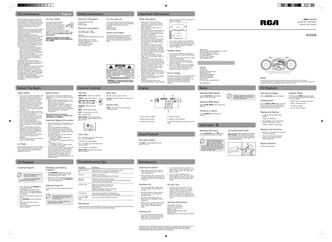 RCA RCD039 user manual FCC Information, Safety Information Important Information, Before You Begin, General Controls 