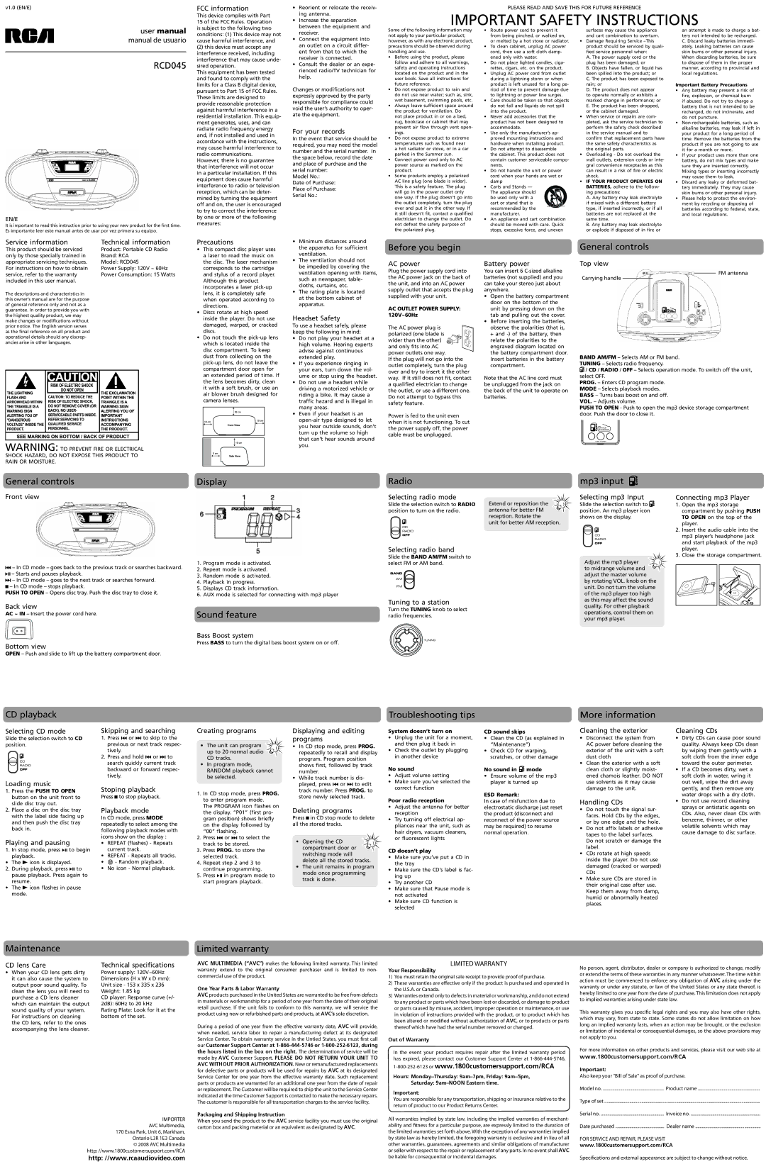 RCA RCD045 user manual Before you begin, General controls, Display, Sound feature, Radio, Mp3 input, CD playback 