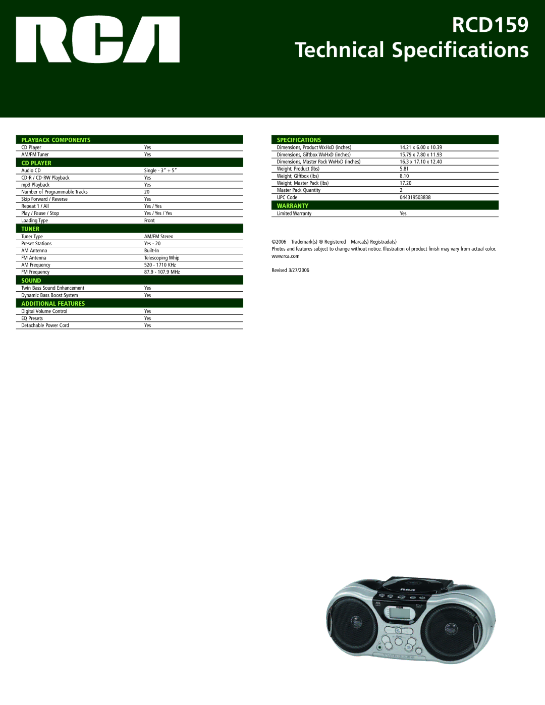 RCA manual RCD159 Technical Specifications 