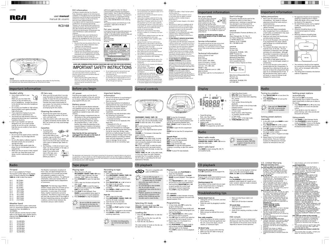 RCA RCD168 user manual FCC information, For your records, For your safety Don’t infringe Safety precautions, Handling CDs 