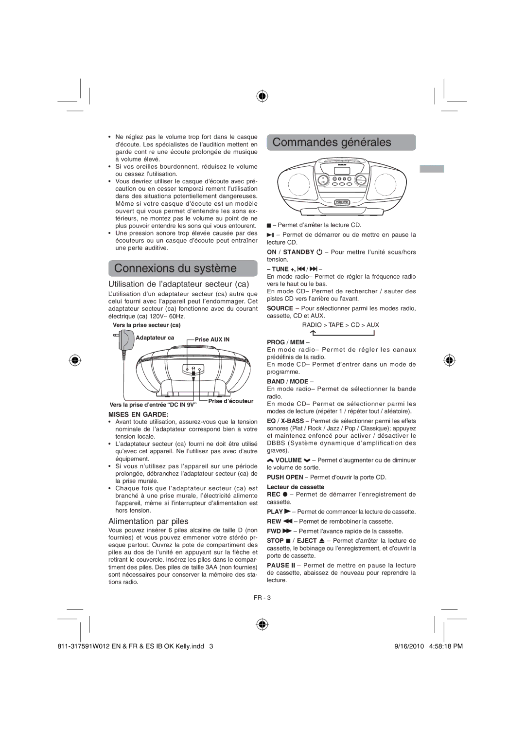 RCA RCD175 Connexions du système, Commandes générales, Utilisation de l’adaptateur secteur ca, Alimentation par piles 