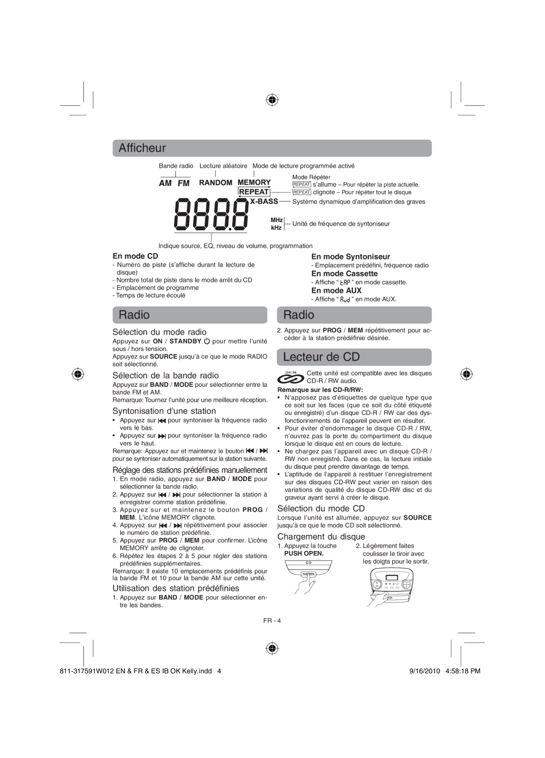 RCA RCD175 user manual Afﬁcheur, Lecteur de CD 