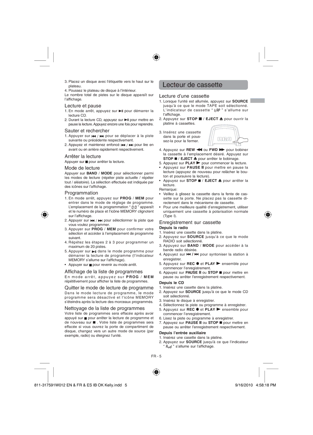 RCA RCD175 user manual Lecteur de cassette 