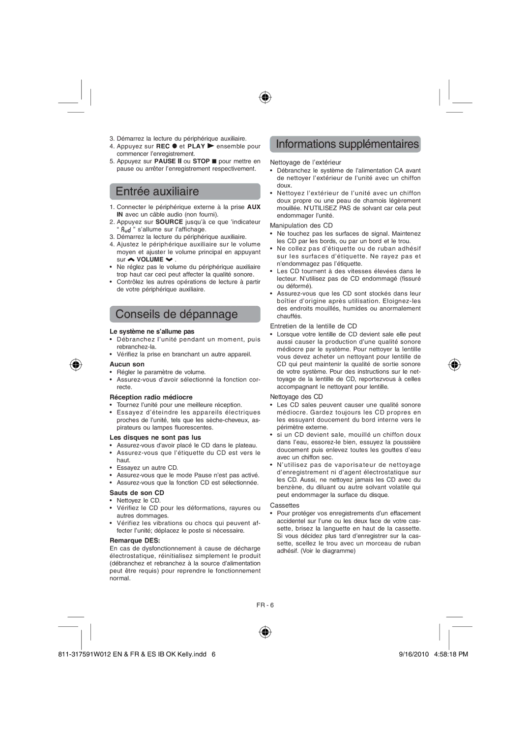 RCA RCD175 user manual Entrée auxiliaire, Conseils de dépannage, Informations supplémentaires 