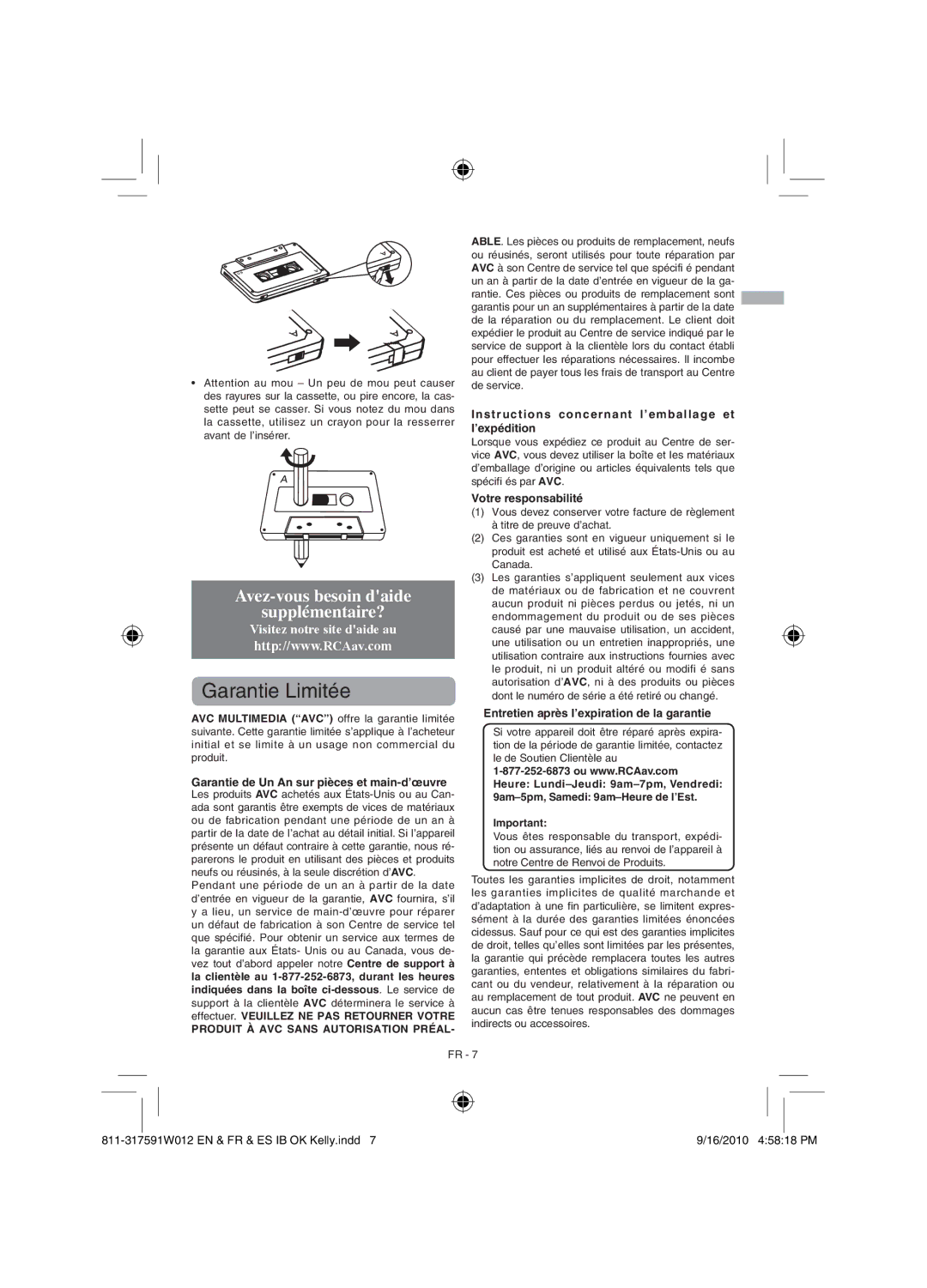 RCA RCD175 user manual Garantie Limitée, Produit À AVC Sans Autorisation Préal 