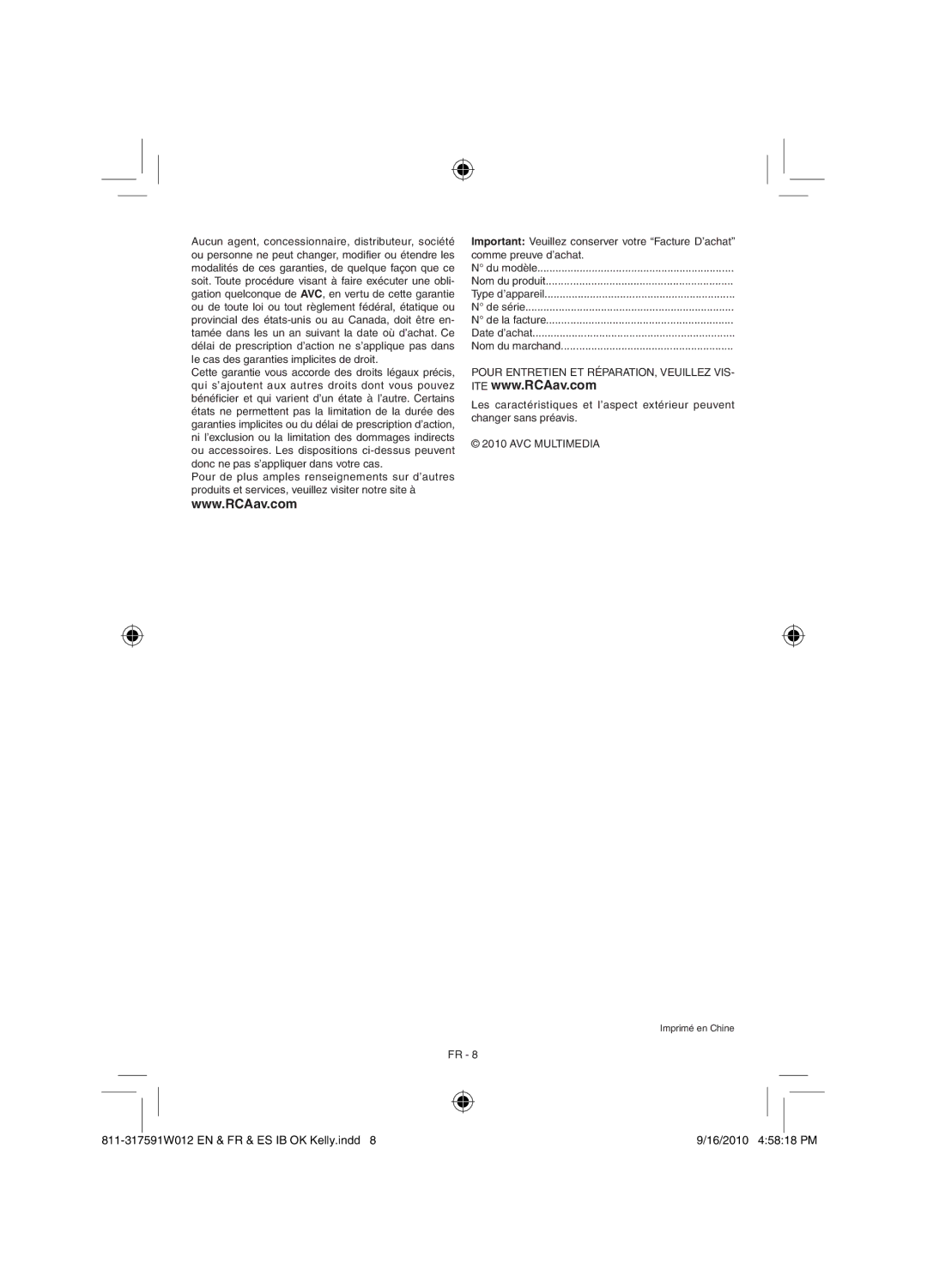 RCA RCD175 user manual Pour Entretien ET RÉPARATION, Veuillez VIS 