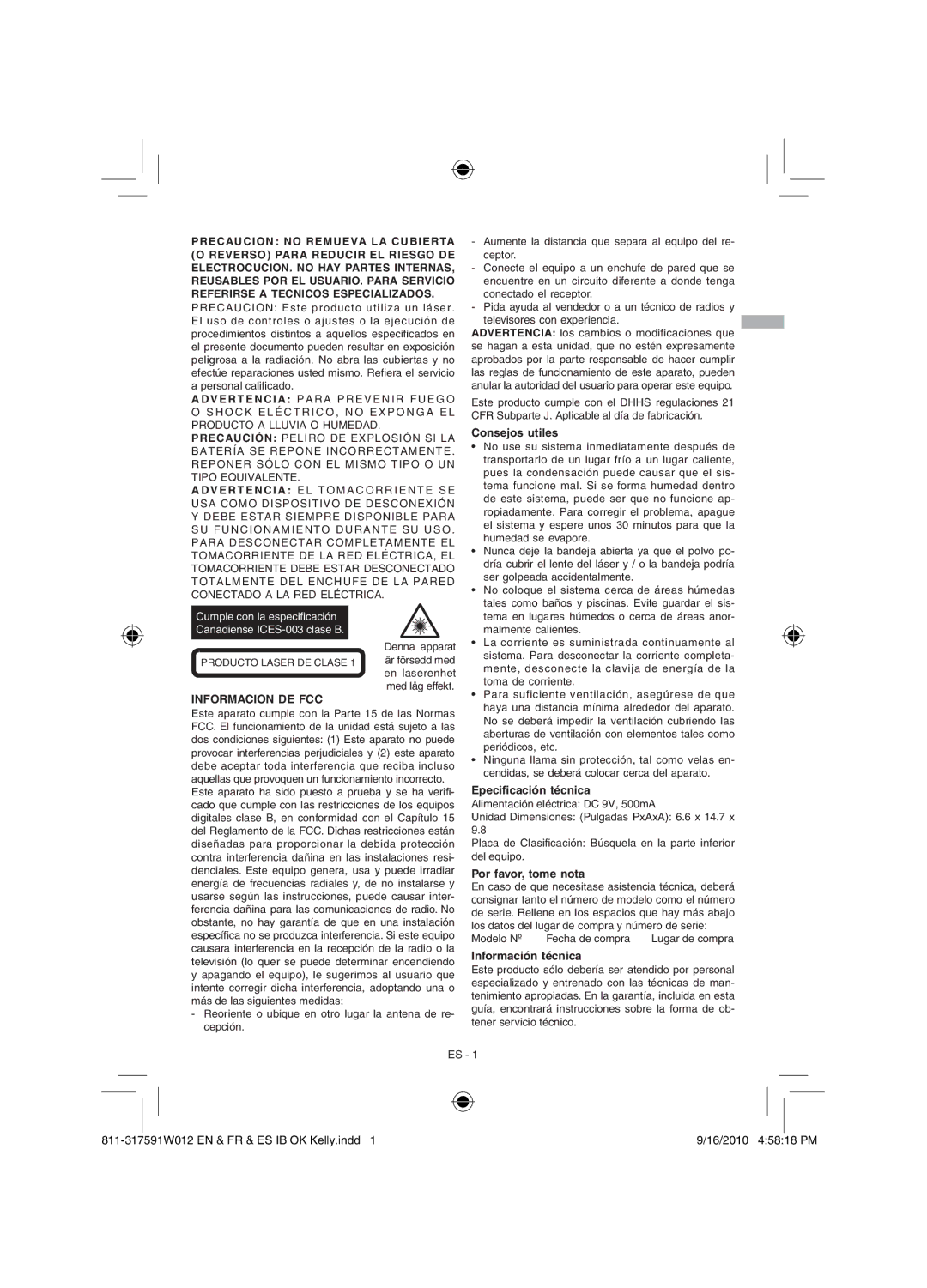 RCA RCD175 user manual Informacion DE FCC, Consejos utiles, Epeciﬁcación técnica, Por favor, tome nota, Información técnica 