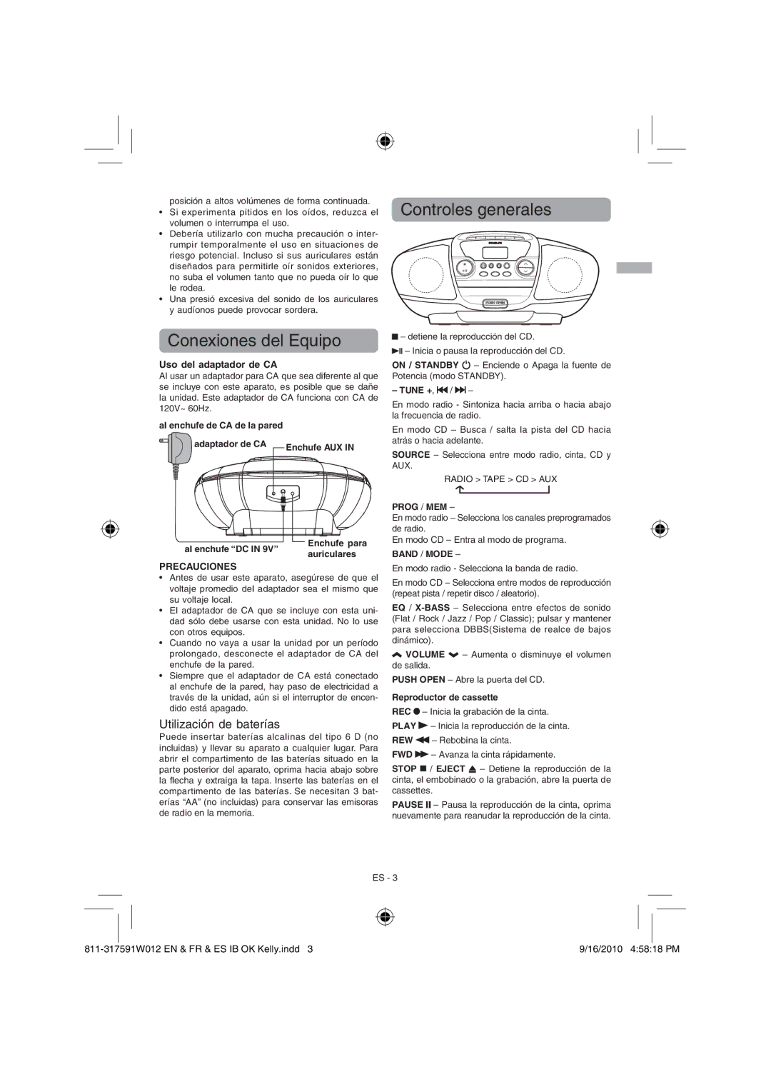 RCA RCD175 user manual Conexiones del Equipo, Utilización de baterías, Precauciones 