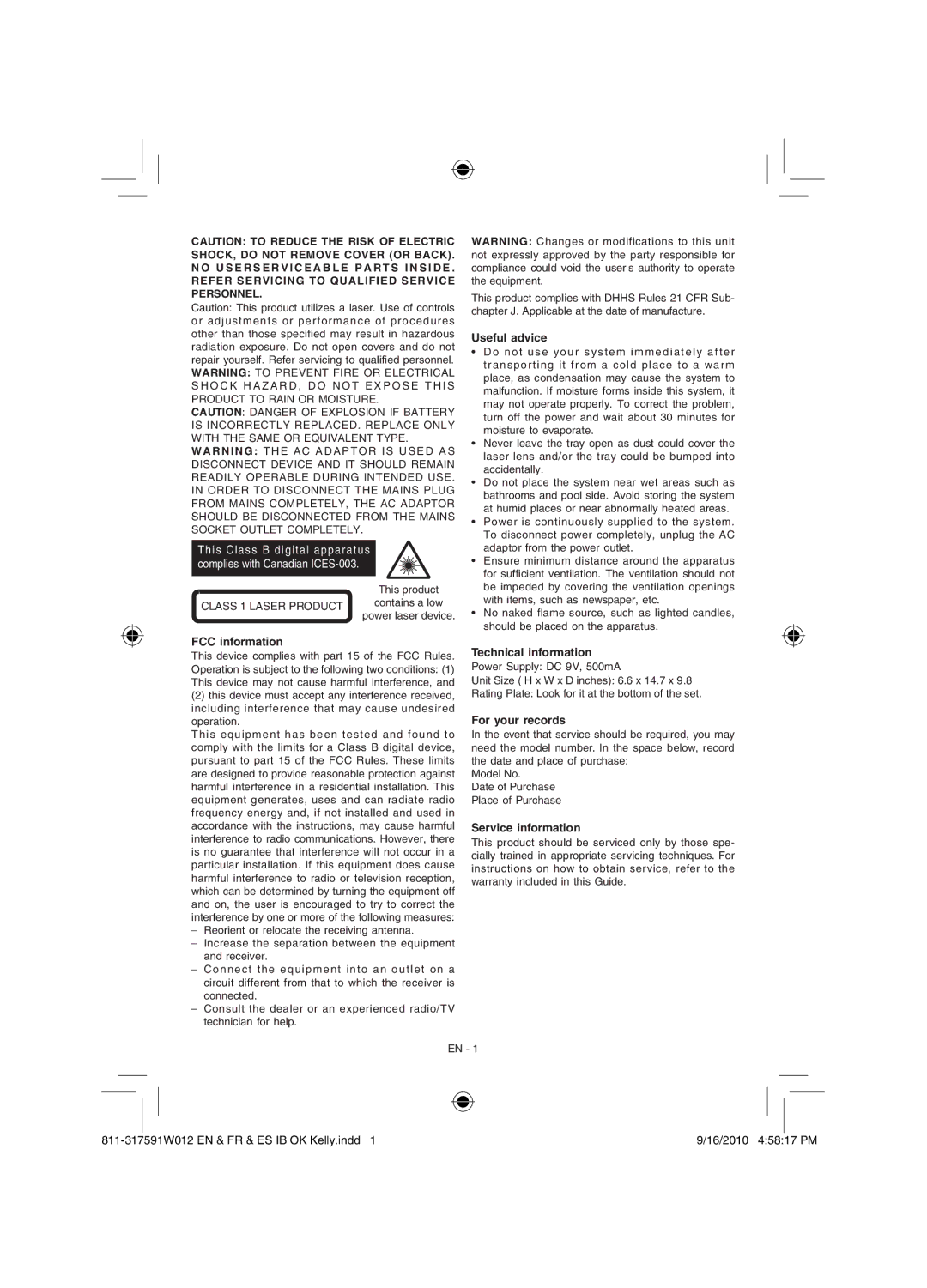 RCA RCD175 user manual FCC information, Useful advice, Technical information, For your records, Service information 