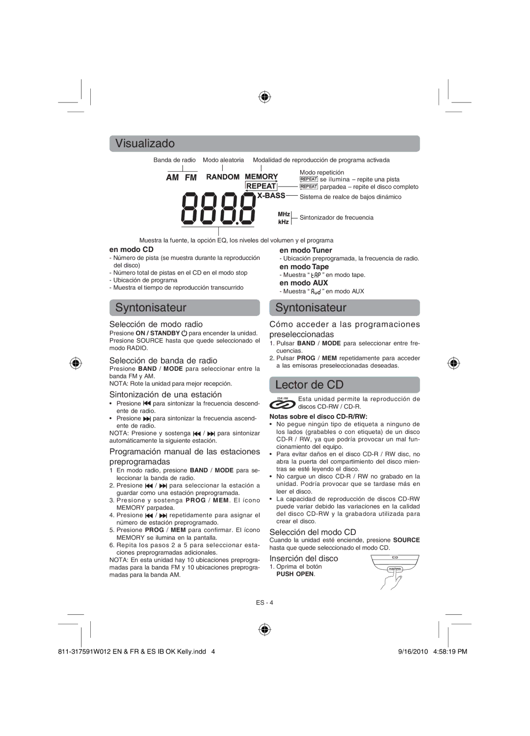 RCA RCD175 user manual Visualizado, SyntonisateurSyntonisateur, Lector de CD 