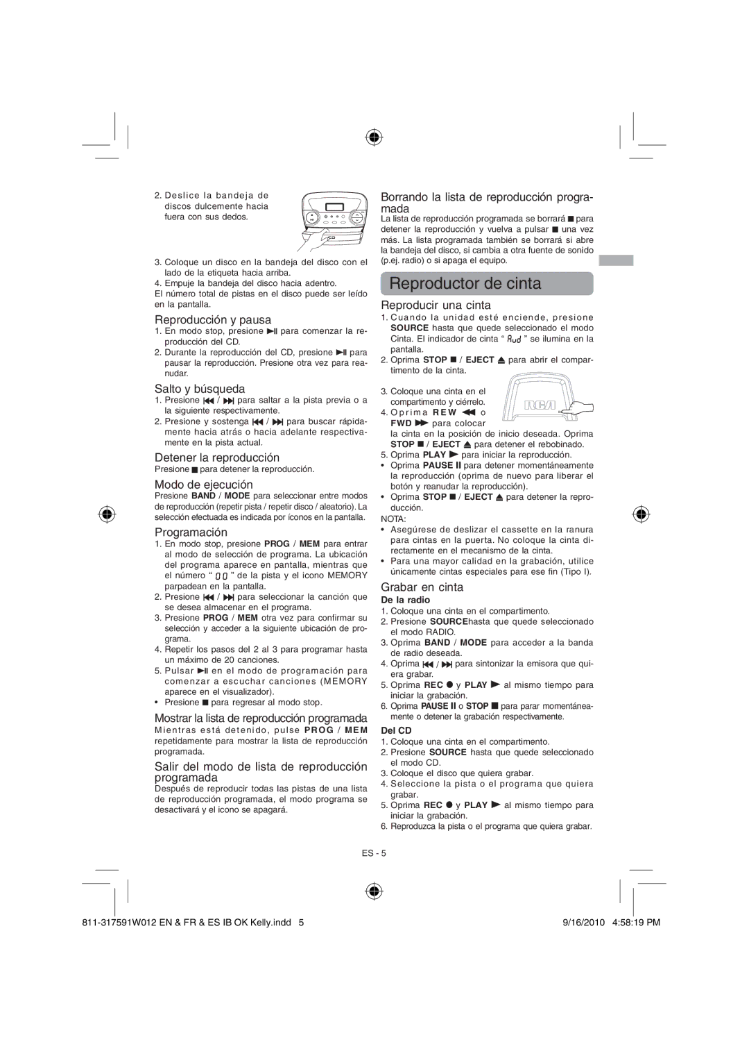 RCA RCD175 user manual Reproductor de cinta 