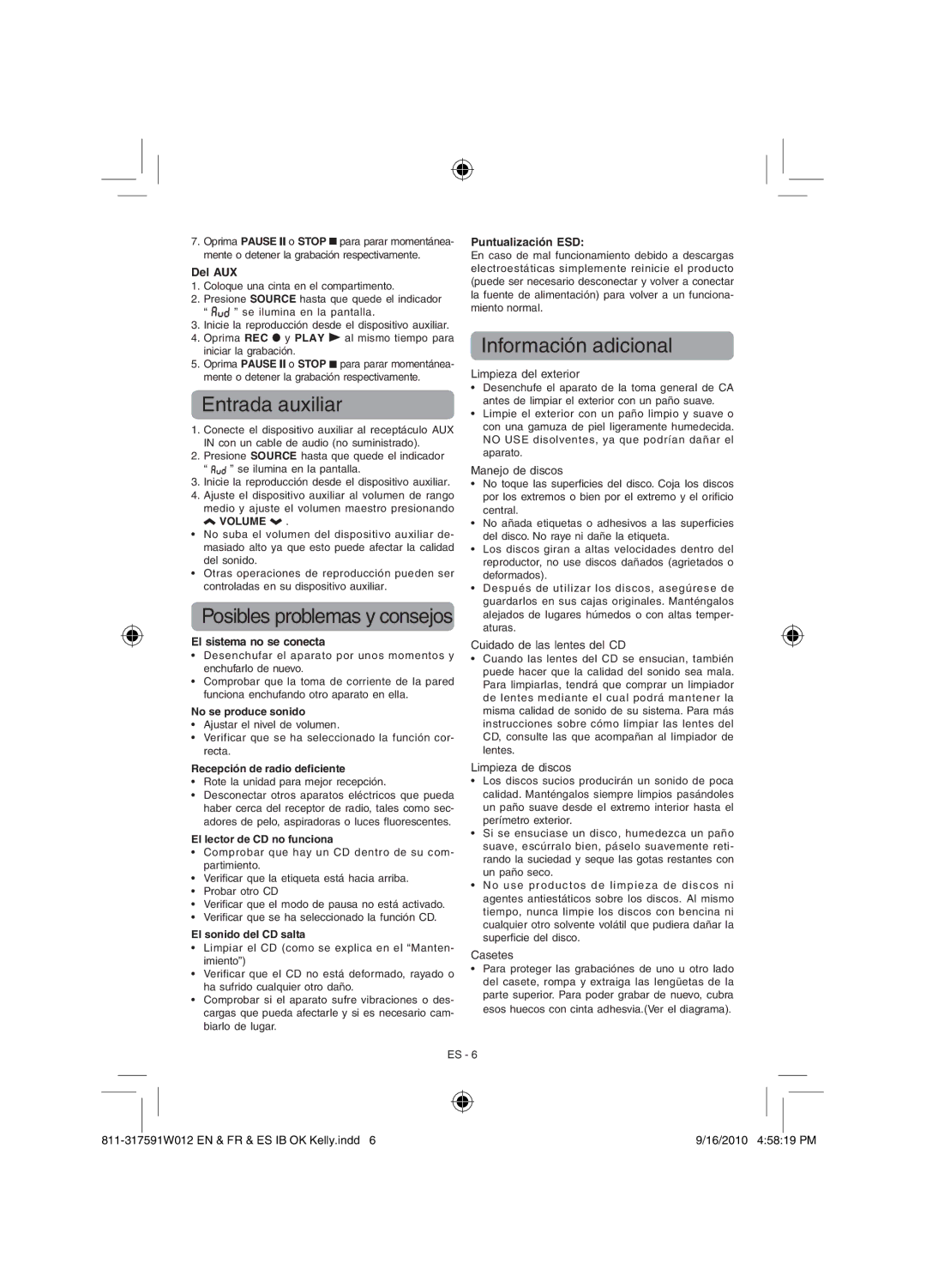 RCA RCD175 user manual Entrada auxiliar, Información adicional 