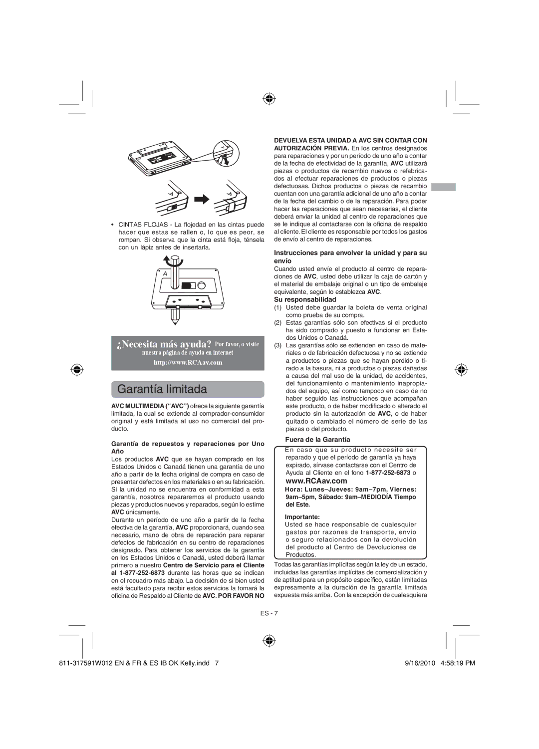 RCA RCD175 user manual Garantía limitada, Su responsabilidad, Fuera de la Garantía 