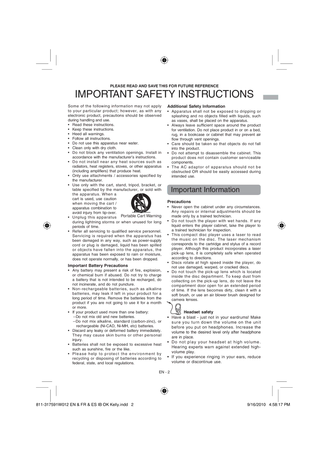 RCA RCD175 user manual Important Information, Please Read and Save this for Future Reference 