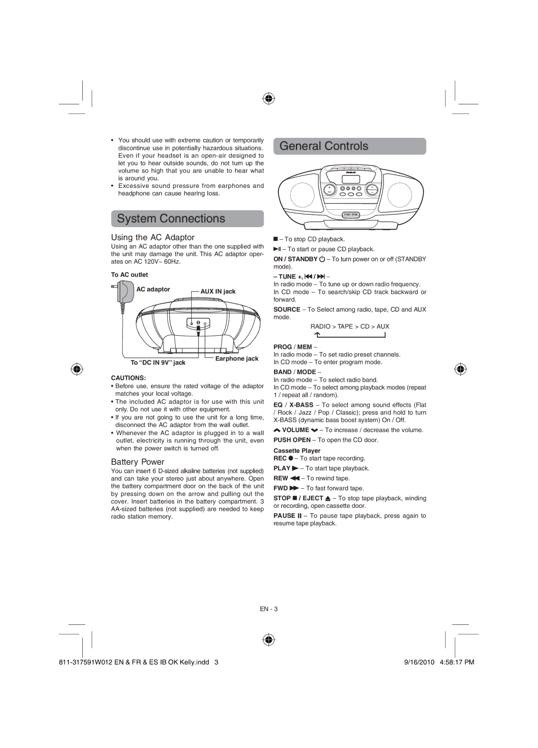 RCA RCD175 user manual System Connections, General Controls, Using the AC Adaptor, Battery Power 